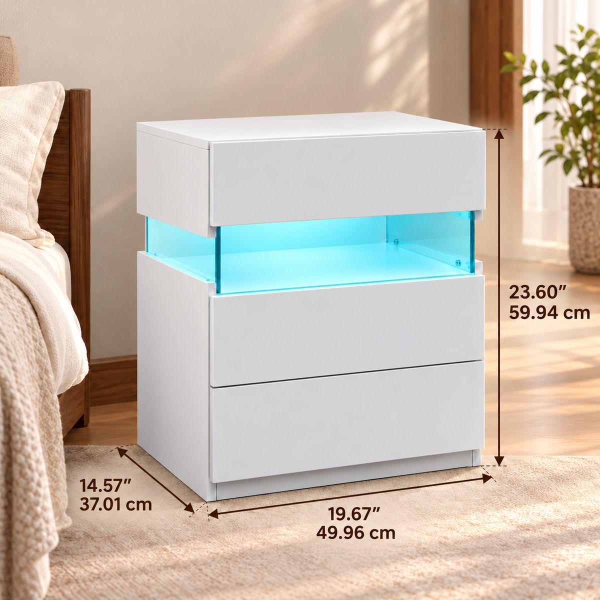 Mesa blanca: ancho 19.67 pulgadas o 49.96 cm, fondo 14.57 pulgadas o 37.01 cm, alto 23.60 pulgadas o 59.94 cm