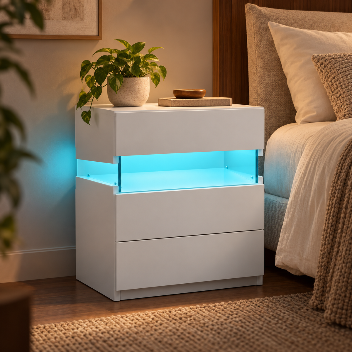 Mesa de noche blanca con luces RGB en dormitorio moderno; ambientación ilustrativa, accesorios no incluidos