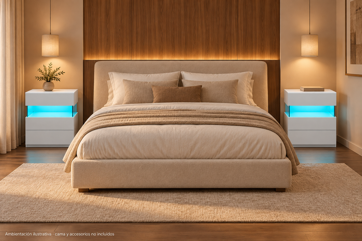 Ambientación con dos mesas de noche blancas RGB; la venta individual incluye una unidad. Cama y accesorios no incluidos.